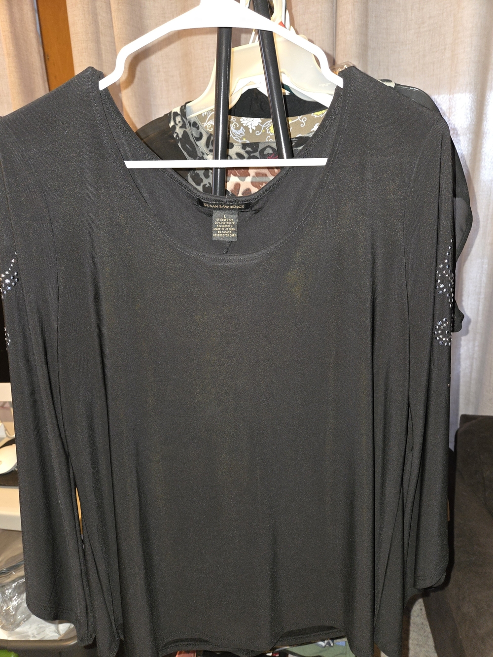 Susan Lawrence Black Long Sleeve Jewel-Accent Blouse